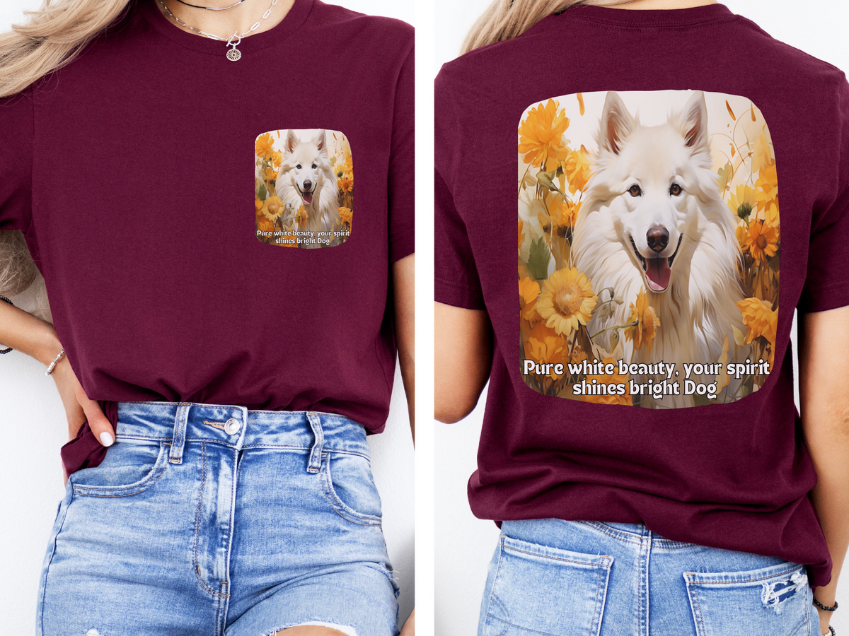 White Eskimo Dog Sunflower Tee – 'Pure Beauty, Bright Spirit' Front & Back Design