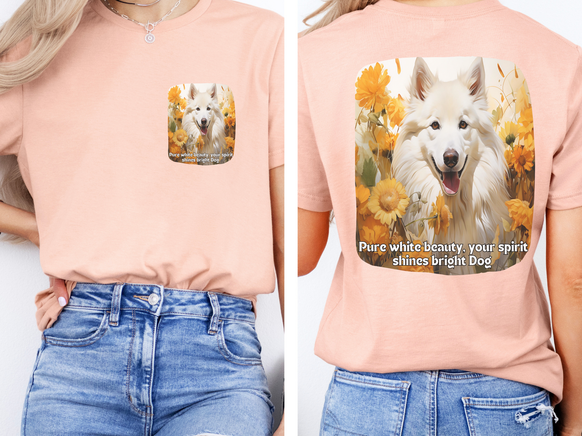White Eskimo Dog Sunflower Tee – 'Pure Beauty, Bright Spirit' Front & Back Design