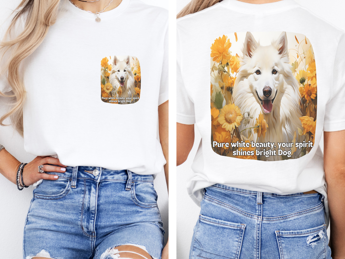 White Eskimo Dog Sunflower Tee – 'Pure Beauty, Bright Spirit' Front & Back Design