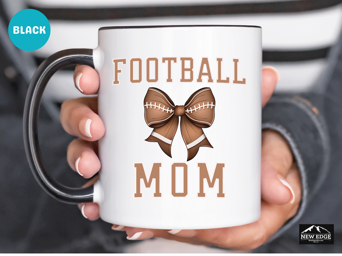 Football Mom Letters Coffee Mug with Football Coquette Bow – 11oz & 15oz Accent Mug – Cute Sports Mom Gift – Game Day Coffee Cup