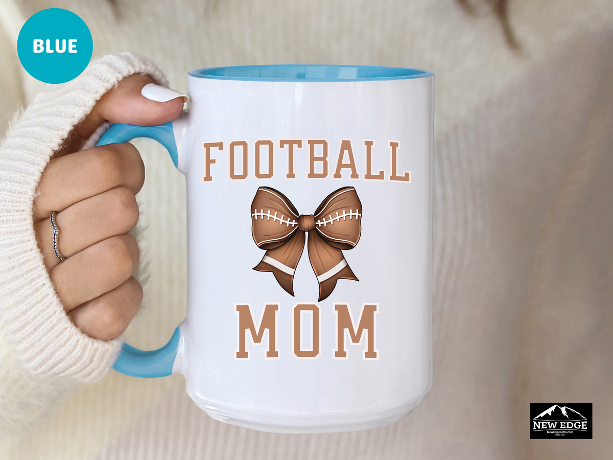Football Mom Letters Coffee Mug with Football Coquette Bow – 11oz & 15oz Accent Mug – Cute Sports Mom Gift – Game Day Coffee Cup