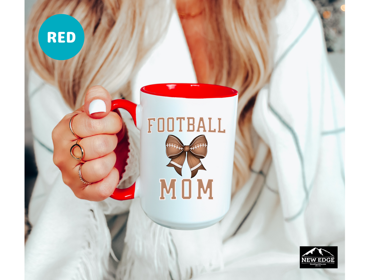 Football Mom Letters Coffee Mug with Football Coquette Bow – 11oz & 15oz Accent Mug – Cute Sports Mom Gift – Game Day Coffee Cup