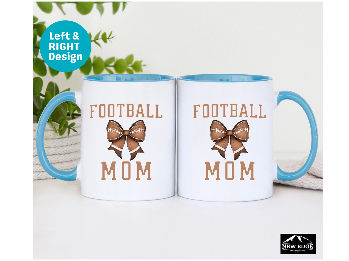 Football Mom Letters Coffee Mug with Football Coquette Bow – 11oz & 15oz Accent Mug – Cute Sports Mom Gift – Game Day Coffee Cup