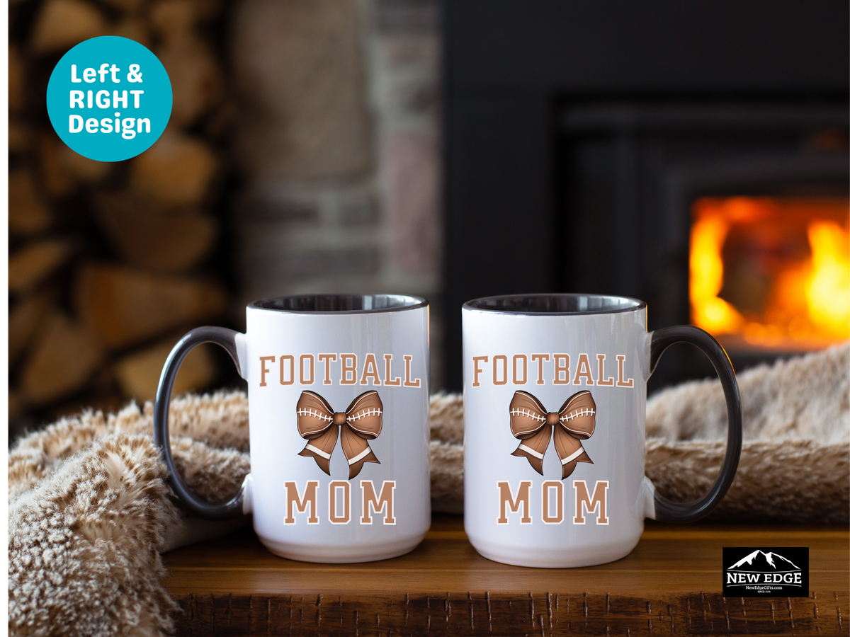 Football Mom Letters Coffee Mug with Football Coquette Bow – 11oz & 15oz Accent Mug – Cute Sports Mom Gift – Game Day Coffee Cup