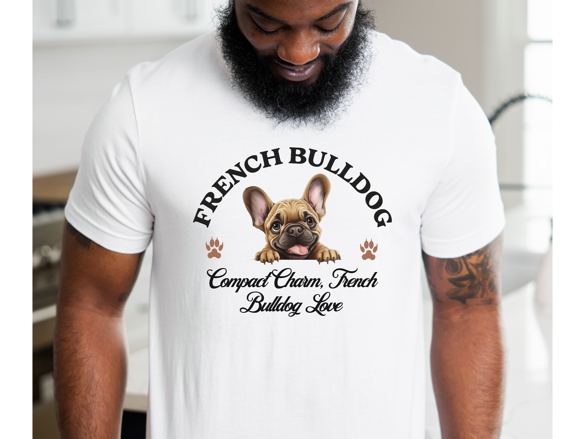 French Bulldog T-Shirt – Unisex Tee with “Compact Charm, French Bulldog Love” Slogan | Cute Frenchie Dog Lover Gift