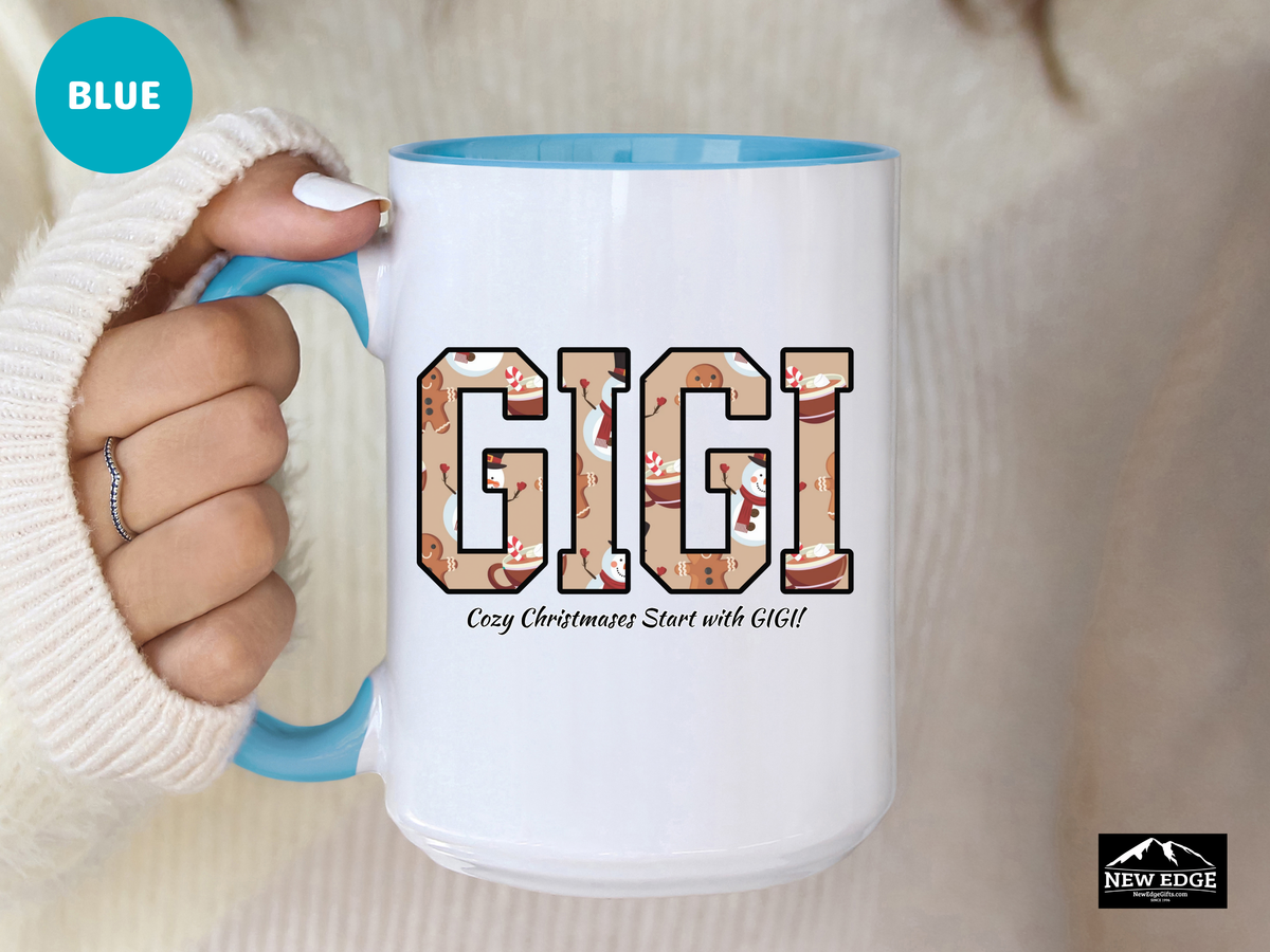 GIGI Letters Christmas Coffee Mug with “Cozy Christmas Starts with GIGI” Slogan – 11oz & 15oz Accent Mug – Holiday Gift for Gigi