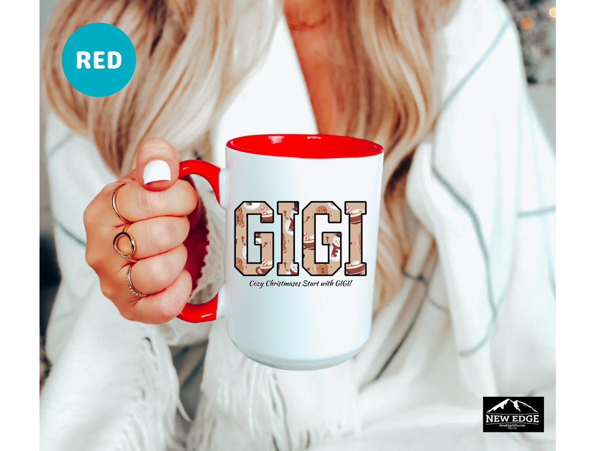 GIGI Letters Christmas Coffee Mug with “Cozy Christmas Starts with GIGI” Slogan – 11oz & 15oz Accent Mug – Holiday Gift for Gigi