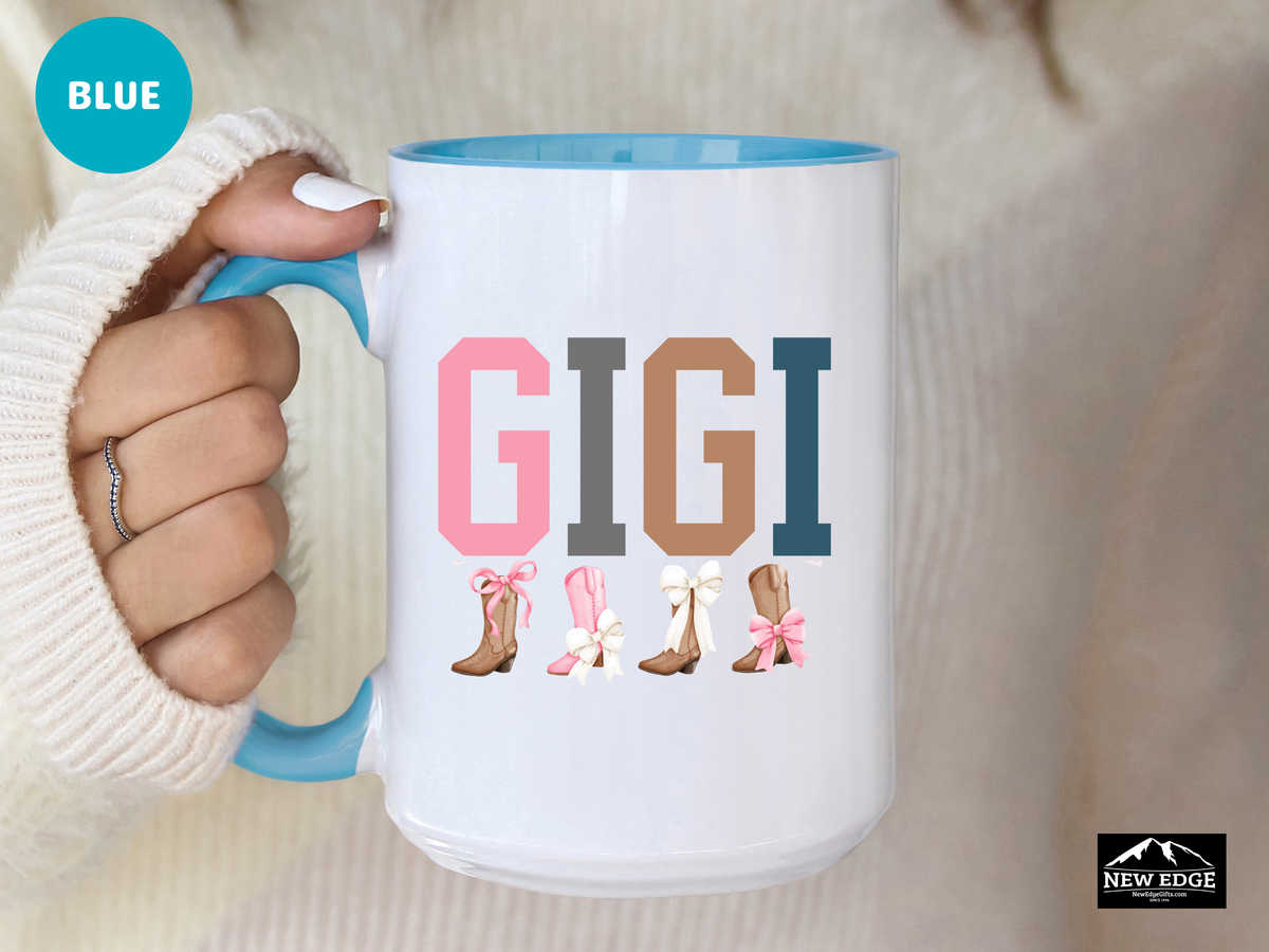 GIGI Letters Coffee Mug with Cowboy Boots and Bow Ties – 11oz & 15oz Accent Mug – Western Gigi Gift – Cute Country Grandmother Coffee Cup