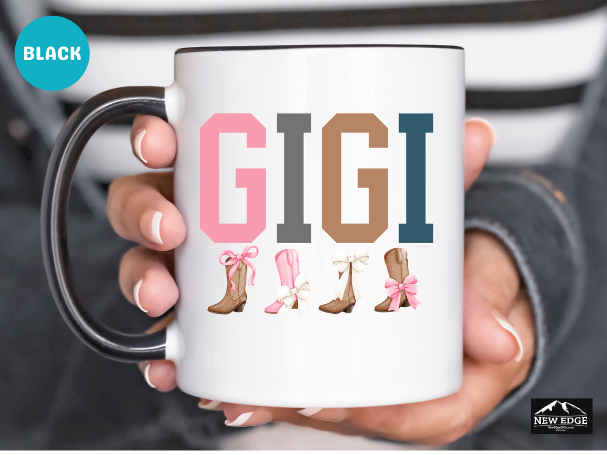 GIGI Letters Coffee Mug with Cowboy Boots and Bow Ties – 11oz & 15oz Accent Mug – Western Gigi Gift – Cute Country Grandmother Coffee Cup