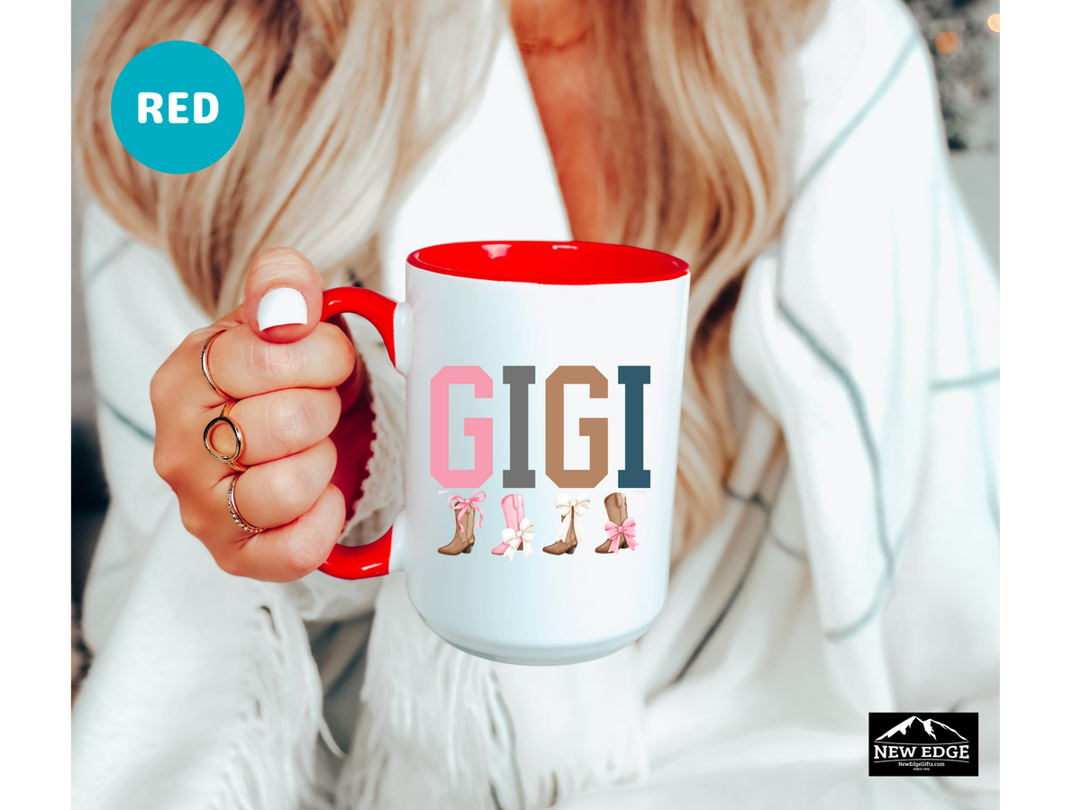 GIGI Letters Coffee Mug with Cowboy Boots and Bow Ties – 11oz & 15oz Accent Mug – Western Gigi Gift – Cute Country Grandmother Coffee Cup
