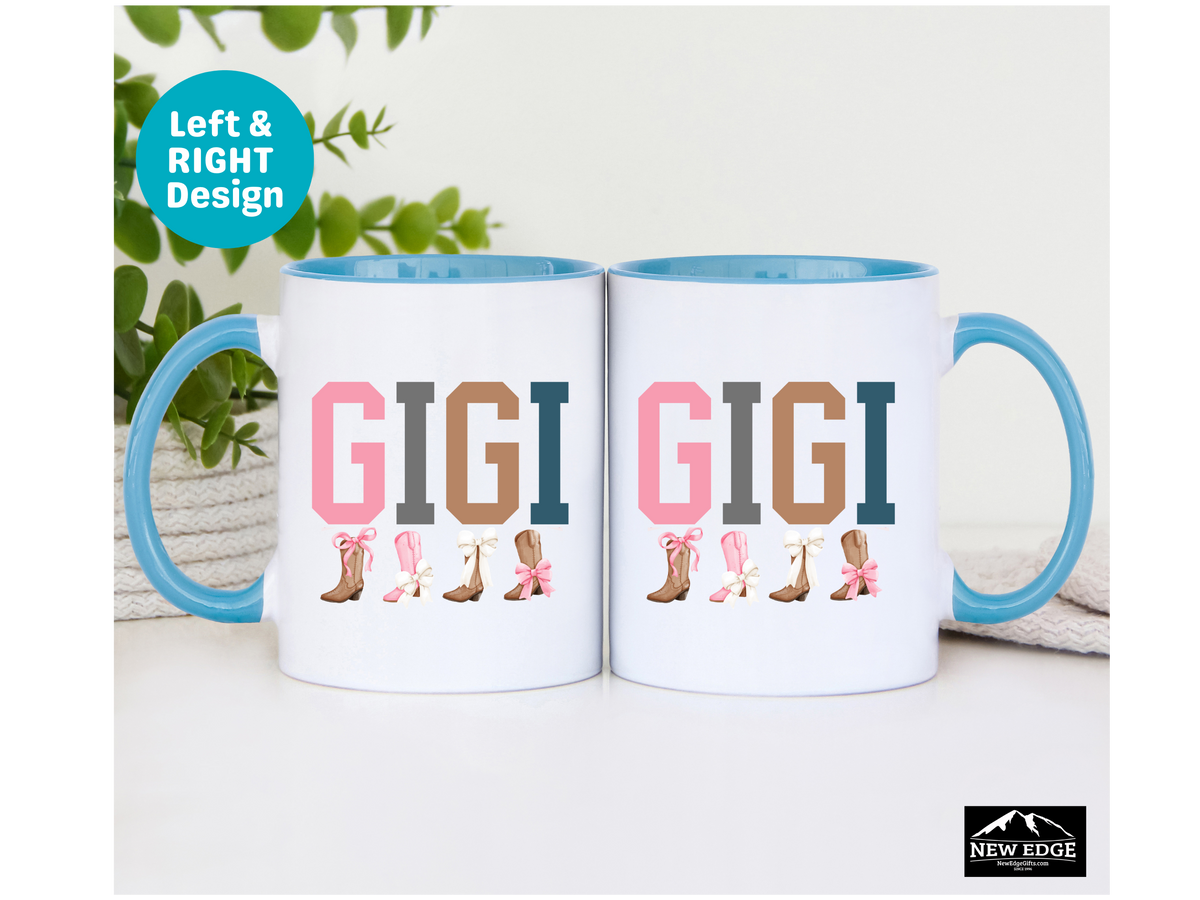 GIGI Letters Coffee Mug with Cowboy Boots and Bow Ties – 11oz & 15oz Accent Mug – Western Gigi Gift – Cute Country Grandmother Coffee Cup