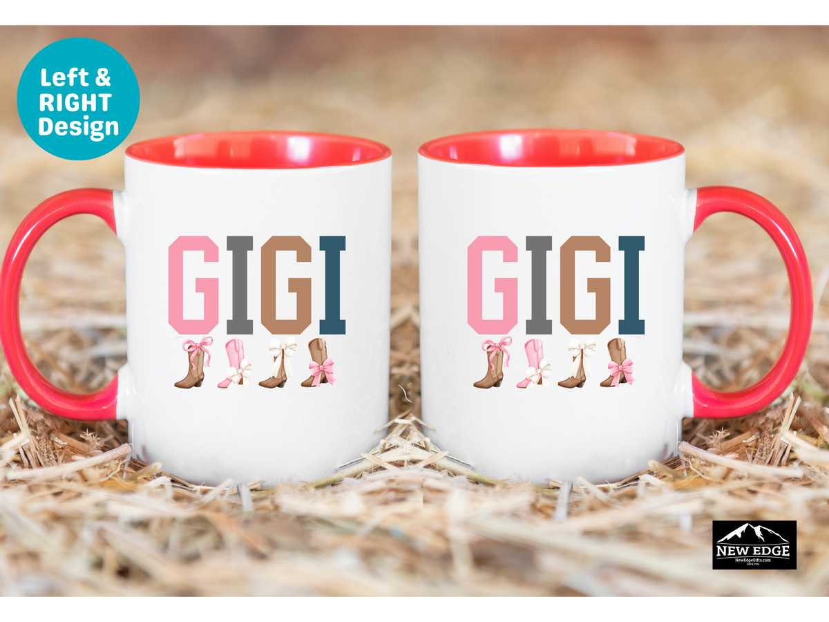 GIGI Letters Coffee Mug with Cowboy Boots and Bow Ties – 11oz & 15oz Accent Mug – Western Gigi Gift – Cute Country Grandmother Coffee Cup