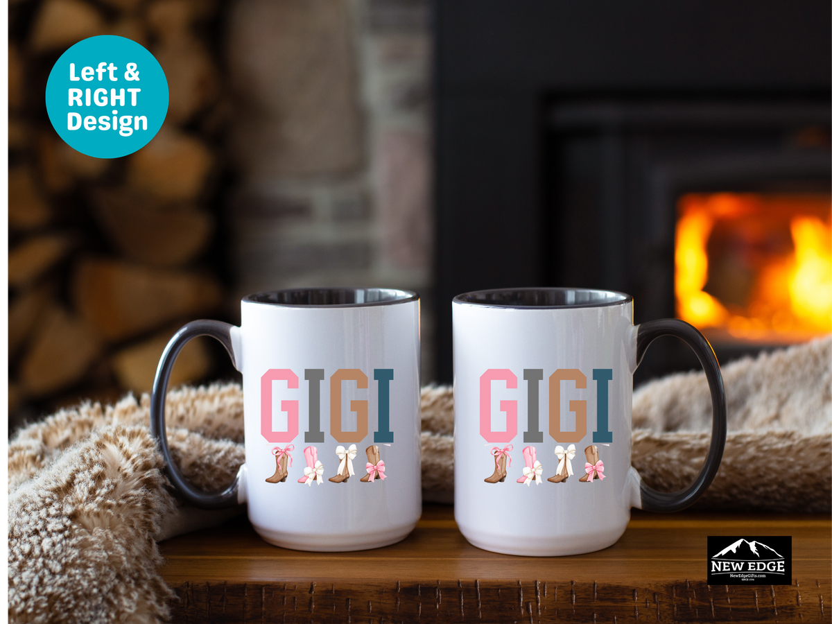 GIGI Letters Coffee Mug with Cowboy Boots and Bow Ties – 11oz & 15oz Accent Mug – Western Gigi Gift – Cute Country Grandmother Coffee Cup