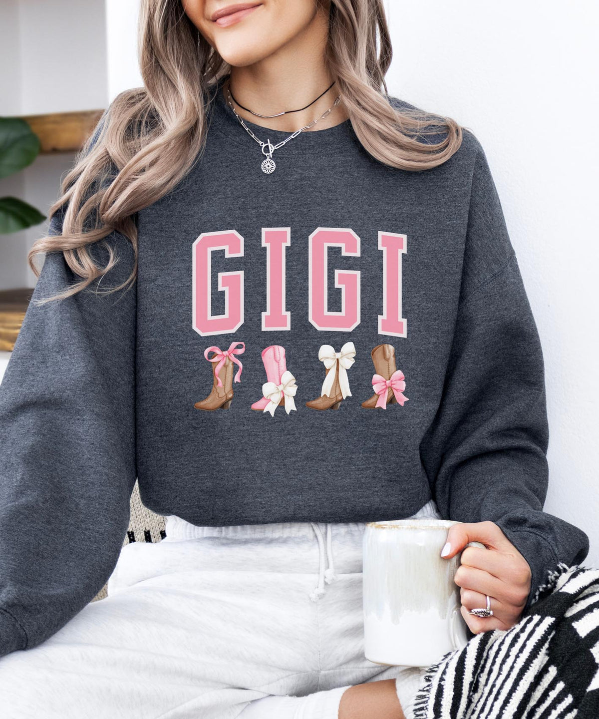 Gigi Sweatshirt with Boots and Bows | Cozy Grandma Crewneck | Cute Country Style Pullover