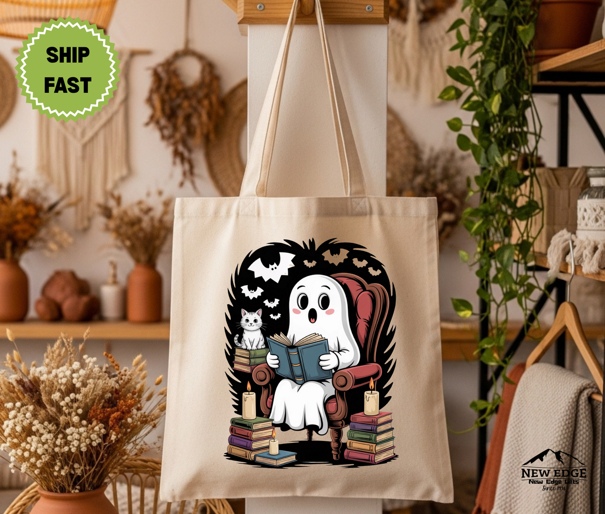 Ghost Reading Book Halloween Tote Bag – Spooky Book Lover Cotton Canvas Bag, Cute Fall Library Tote, Bookworm Halloween Gift