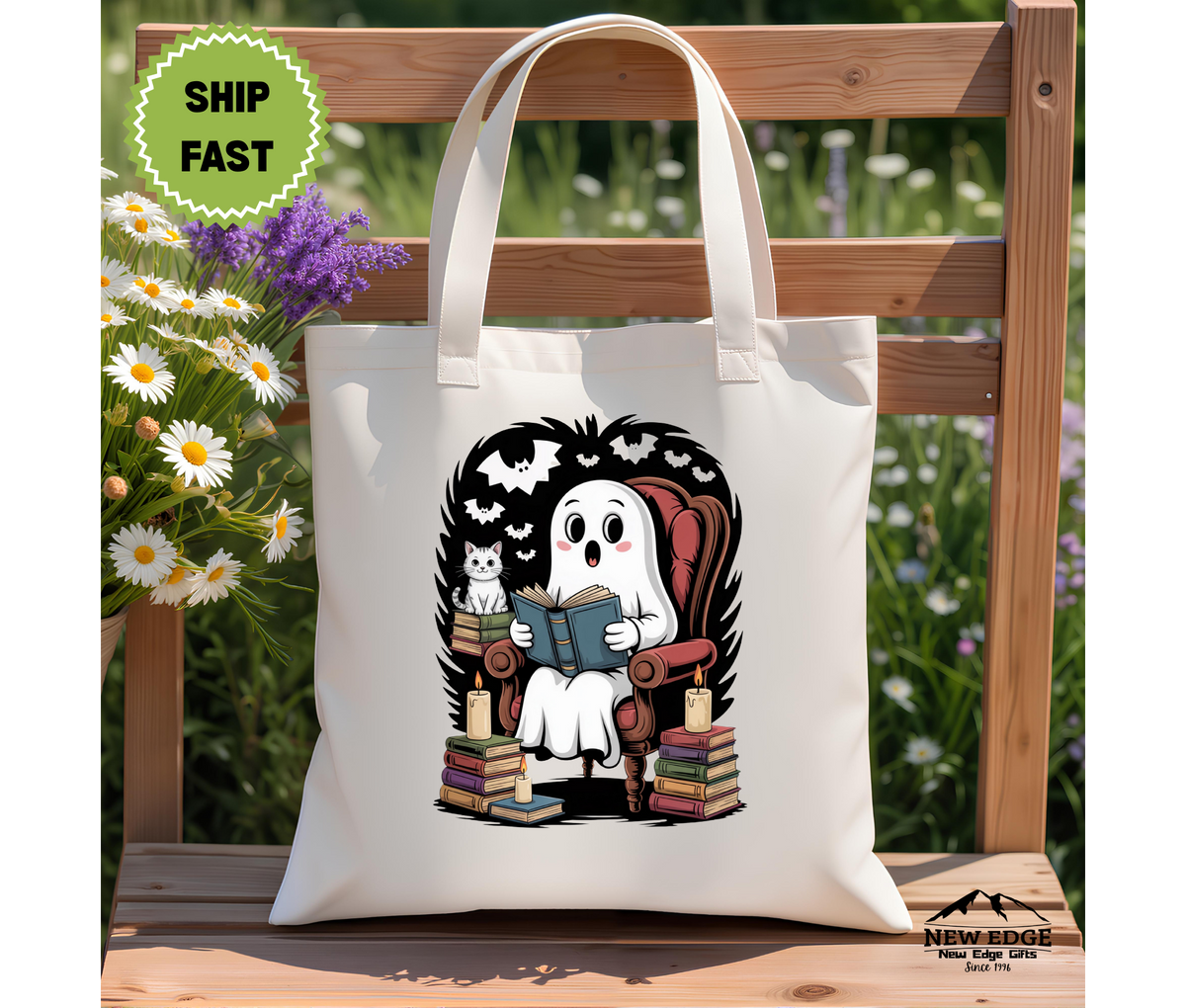Ghost Reading Book Halloween Tote Bag – Spooky Book Lover Cotton Canvas Bag, Cute Fall Library Tote, Bookworm Halloween Gift
