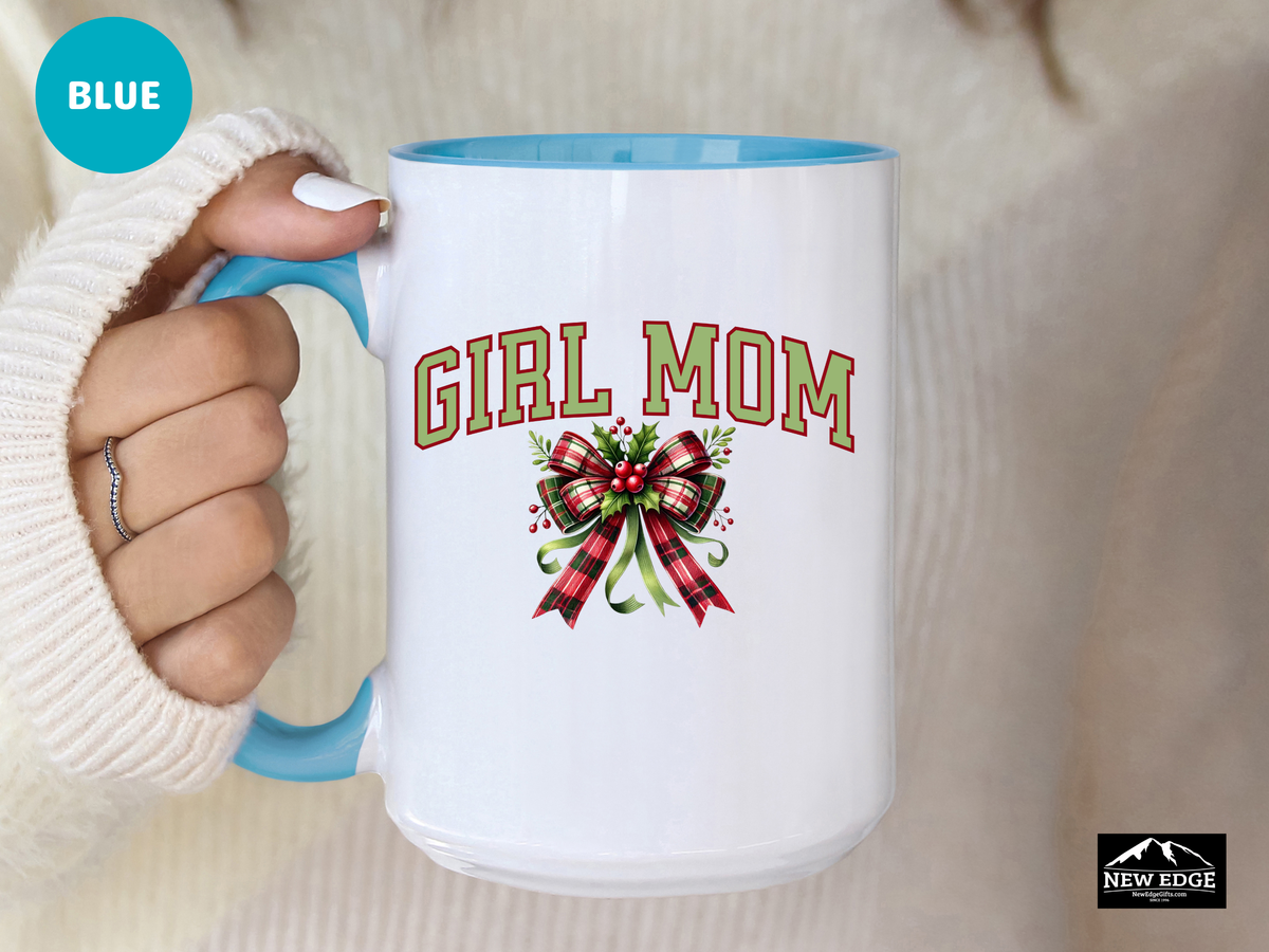 Girl Mom Letters Christmas Coffee Mug with Coquette Bow and Mistletoe – 11oz & 15oz Accent Mug – Cute Holiday Gift for Moms of Girls