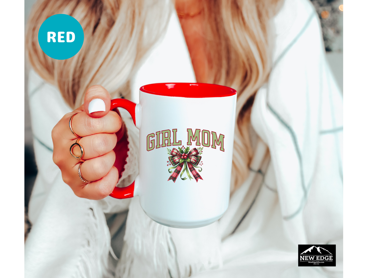 Girl Mom Letters Christmas Coffee Mug with Coquette Bow and Mistletoe – 11oz & 15oz Accent Mug – Cute Holiday Gift for Moms of Girls