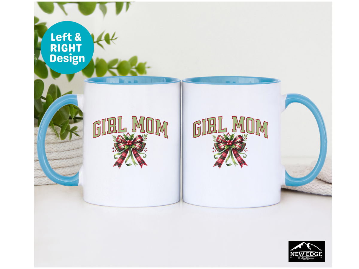 Girl Mom Letters Christmas Coffee Mug with Coquette Bow and Mistletoe – 11oz & 15oz Accent Mug – Cute Holiday Gift for Moms of Girls