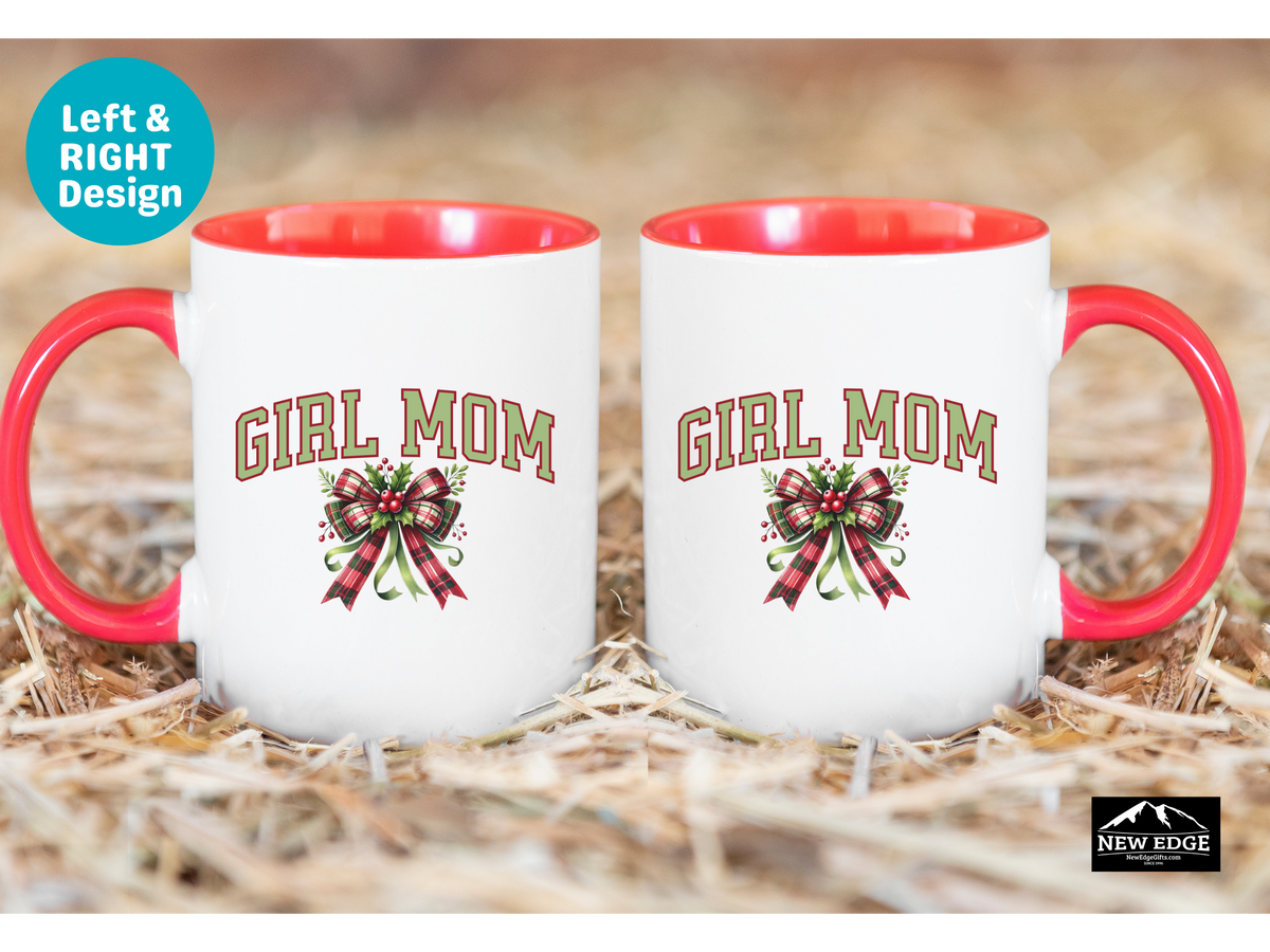 Girl Mom Letters Christmas Coffee Mug with Coquette Bow and Mistletoe – 11oz & 15oz Accent Mug – Cute Holiday Gift for Moms of Girls