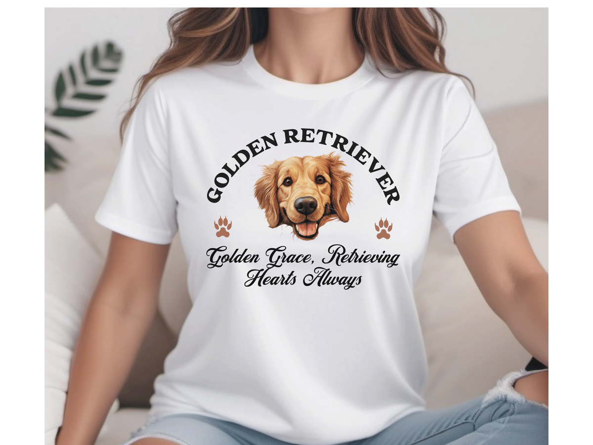 Golden Retriever T-Shirt – Unisex Tee with “Golden Grace, Retrieving Hearts Always” Slogan | Loving Dog Lover Gift