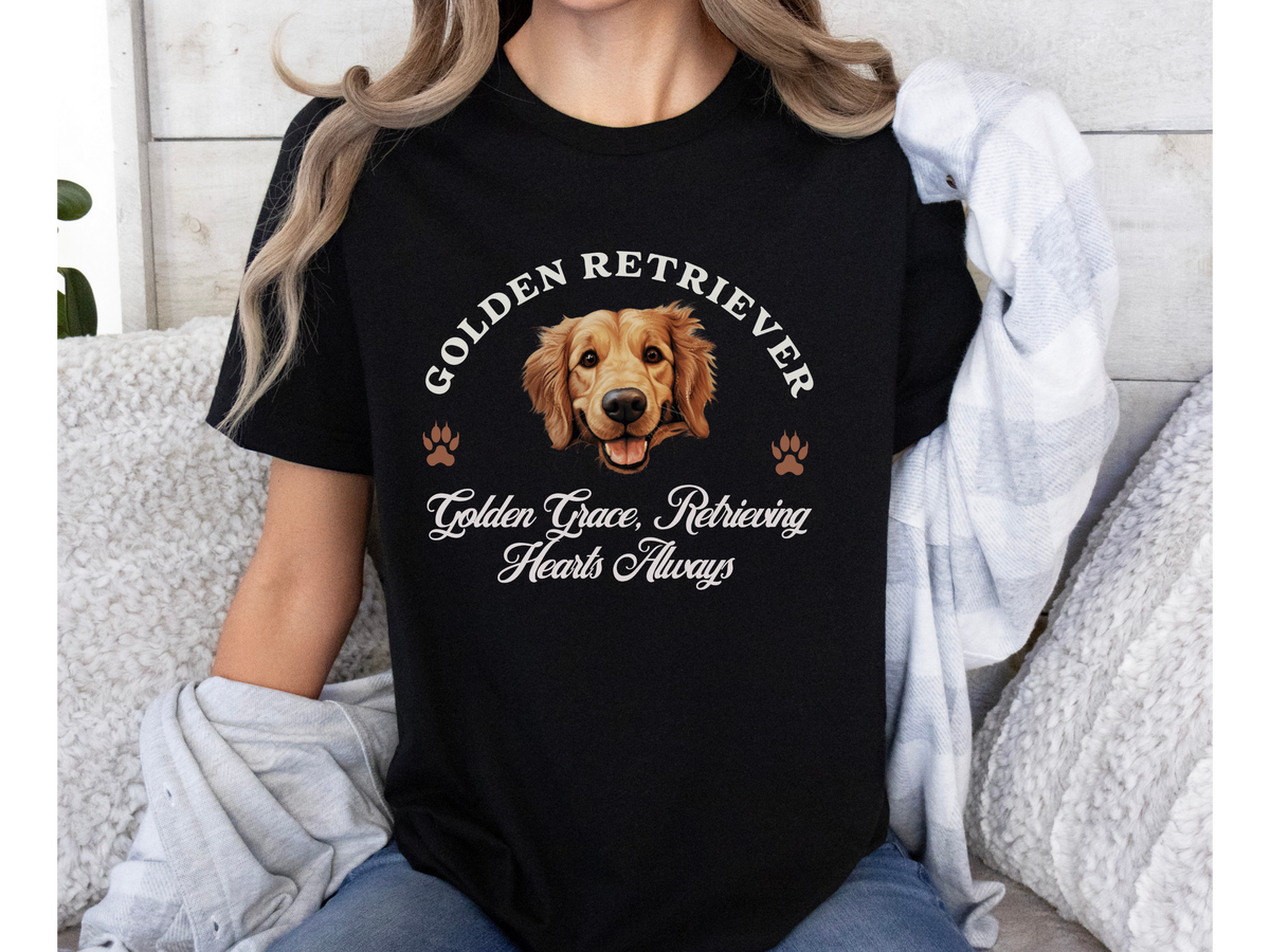 Golden Retriever T-Shirt – Unisex Tee with “Golden Grace, Retrieving Hearts Always” Slogan | Loving Dog Lover Gift