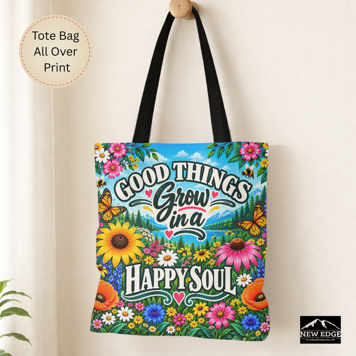 Good Things Grow Tote Bag, Colorful Wildflower Happy Soul All Over Print Floral Bag