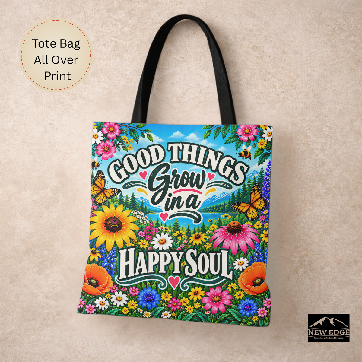 Good Things Grow Tote Bag, Colorful Wildflower Happy Soul All Over Print Floral Bag