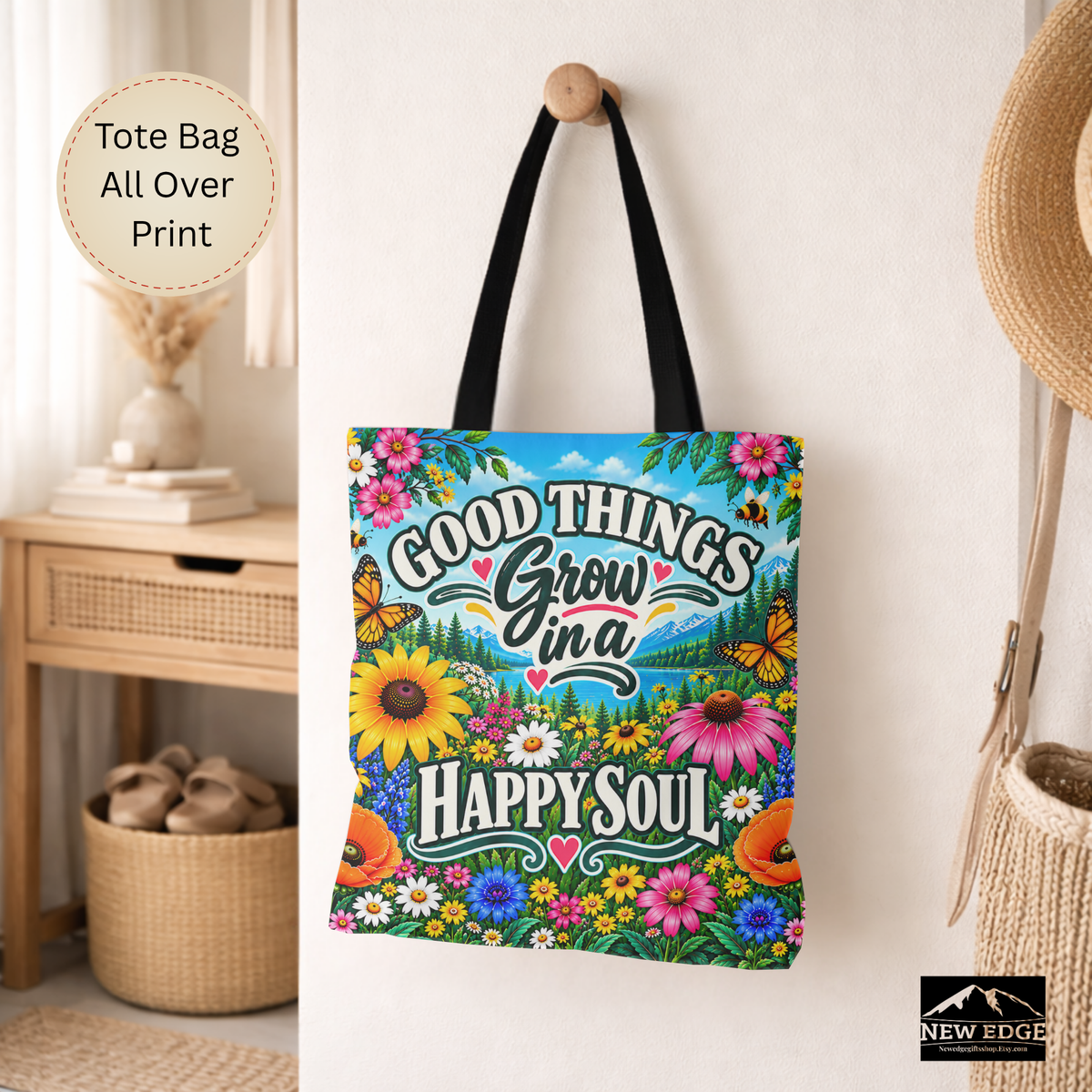 Good Things Grow Tote Bag, Colorful Wildflower Happy Soul All Over Print Floral Bag