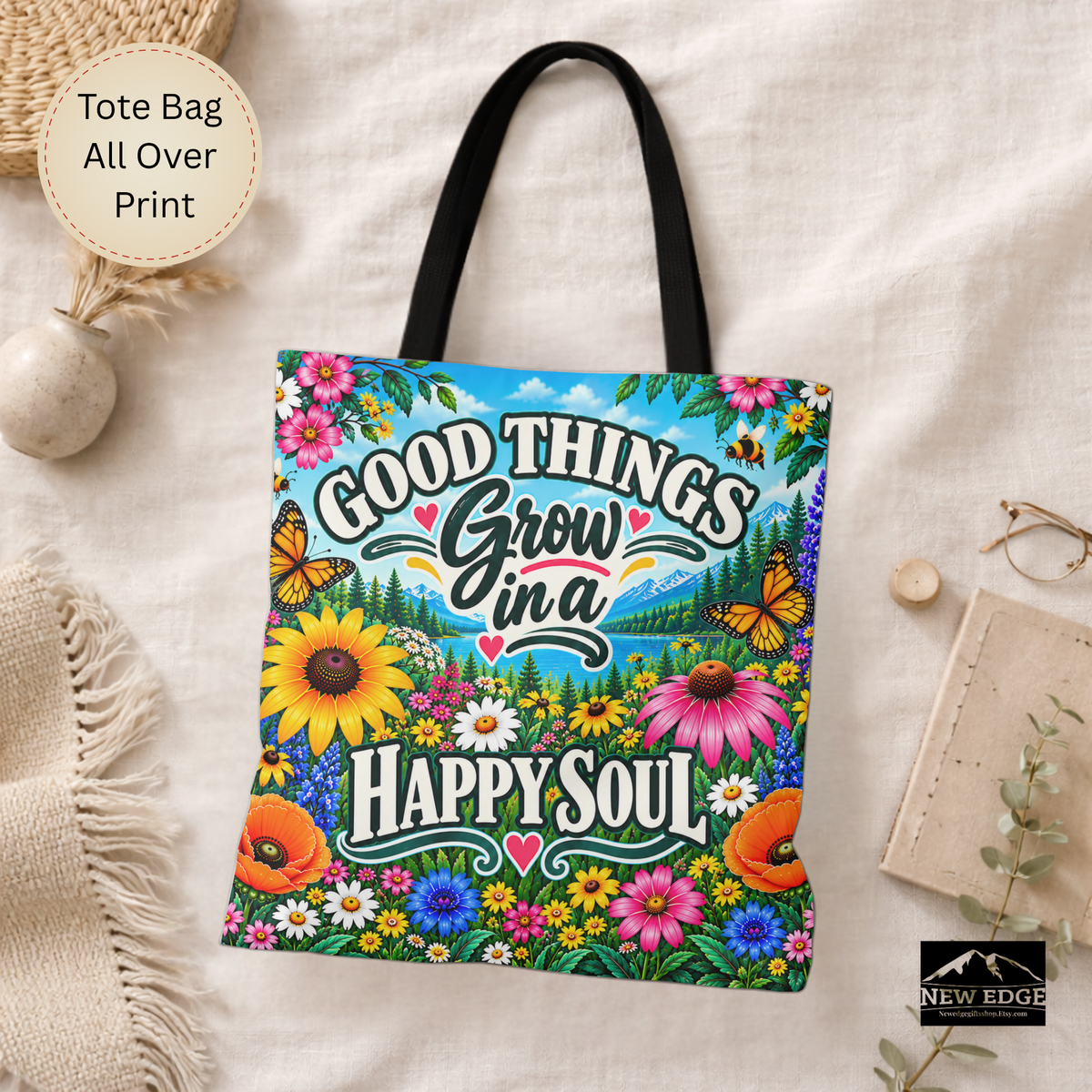 Good Things Grow Tote Bag, Colorful Wildflower Happy Soul All Over Print Floral Bag