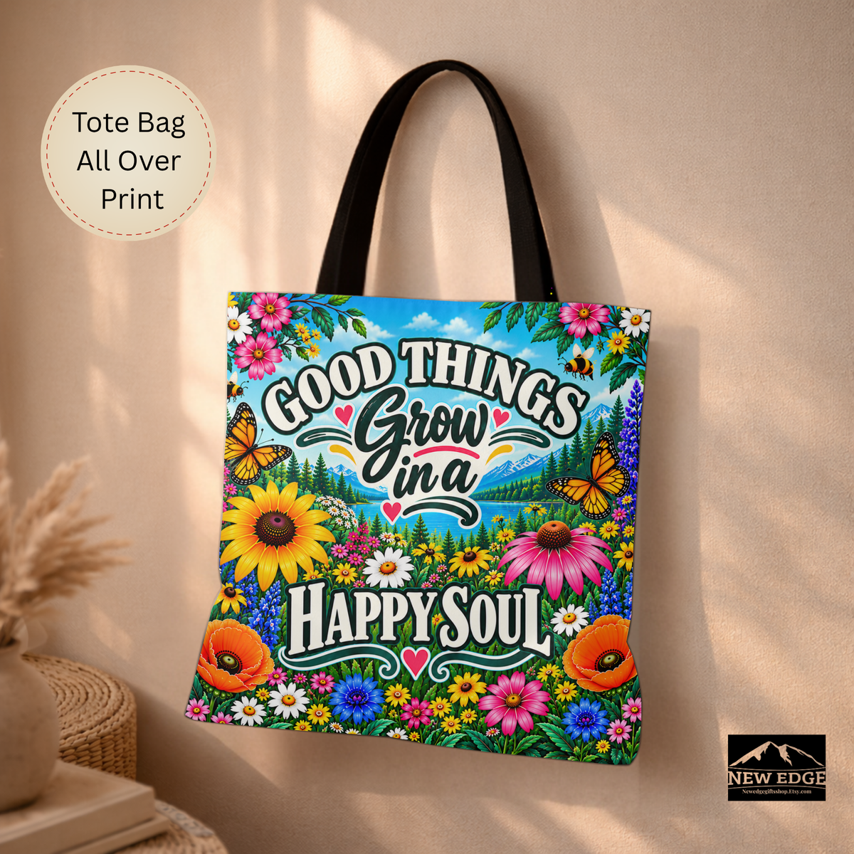 Good Things Grow Tote Bag, Colorful Wildflower Happy Soul All Over Print Floral Bag