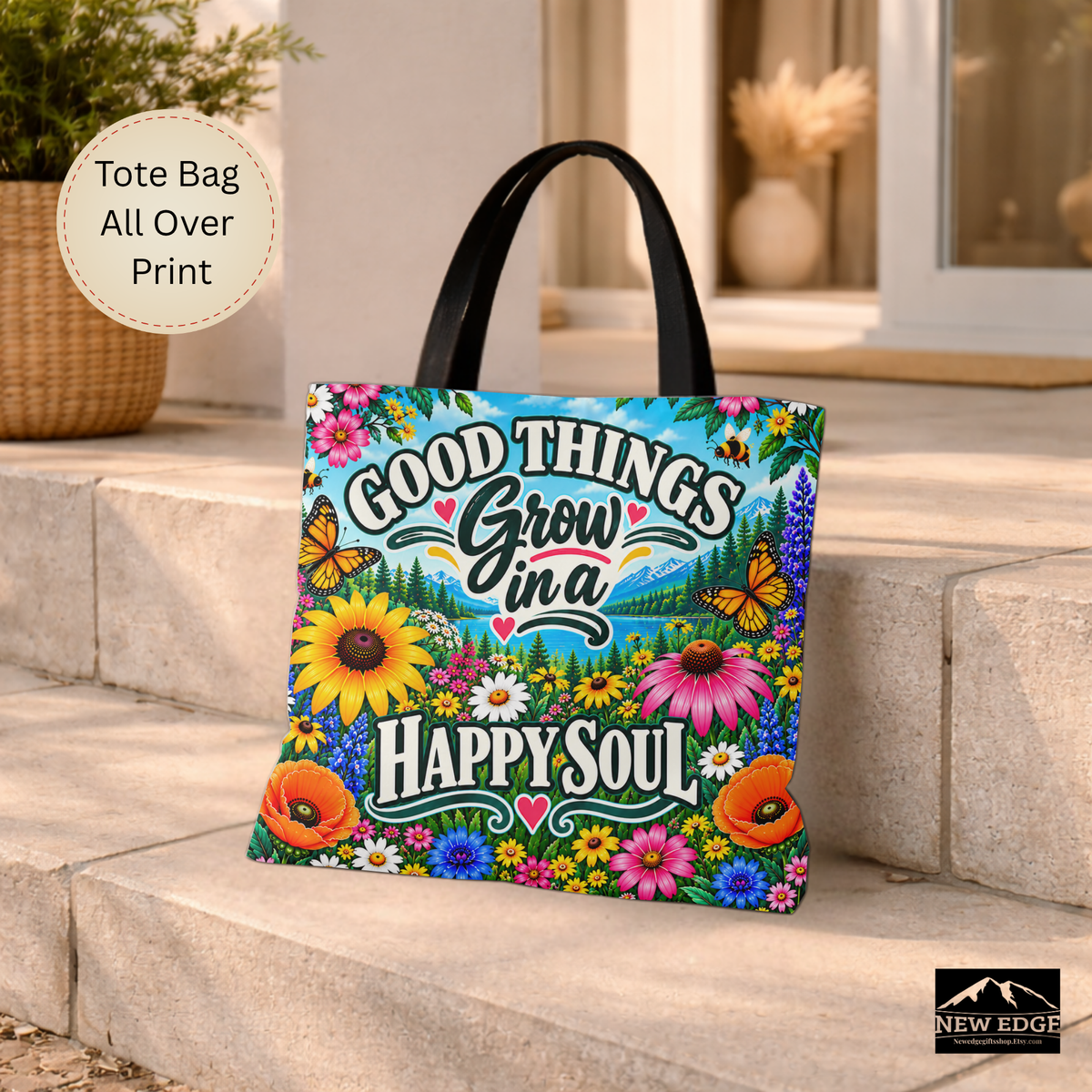 Good Things Grow Tote Bag, Colorful Wildflower Happy Soul All Over Print Floral Bag