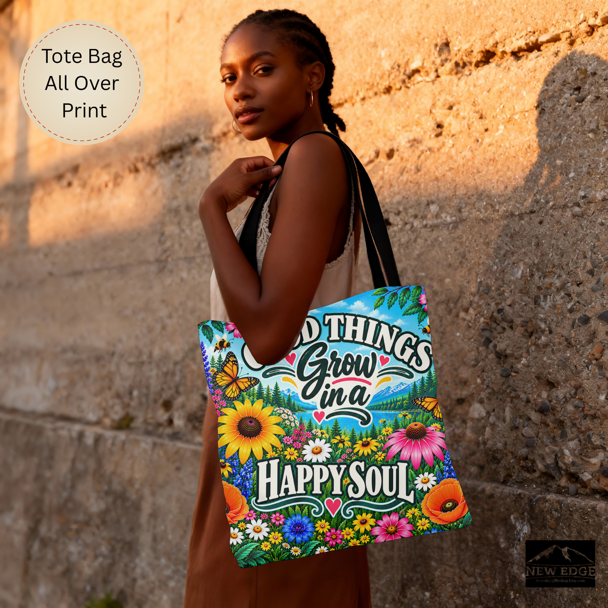 Good Things Grow Tote Bag, Colorful Wildflower Happy Soul All Over Print Floral Bag