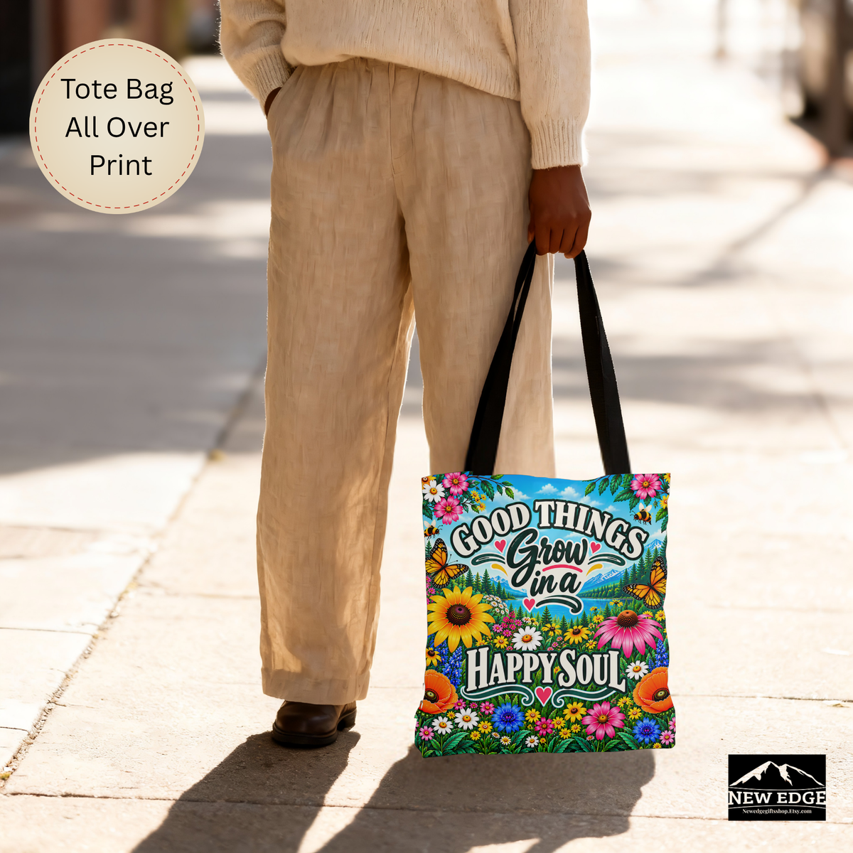 Good Things Grow Tote Bag, Colorful Wildflower Happy Soul All Over Print Floral Bag