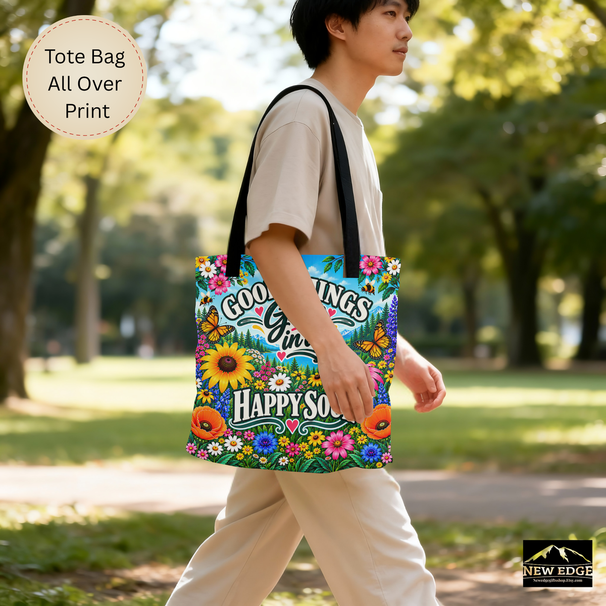 Good Things Grow Tote Bag, Colorful Wildflower Happy Soul All Over Print Floral Bag