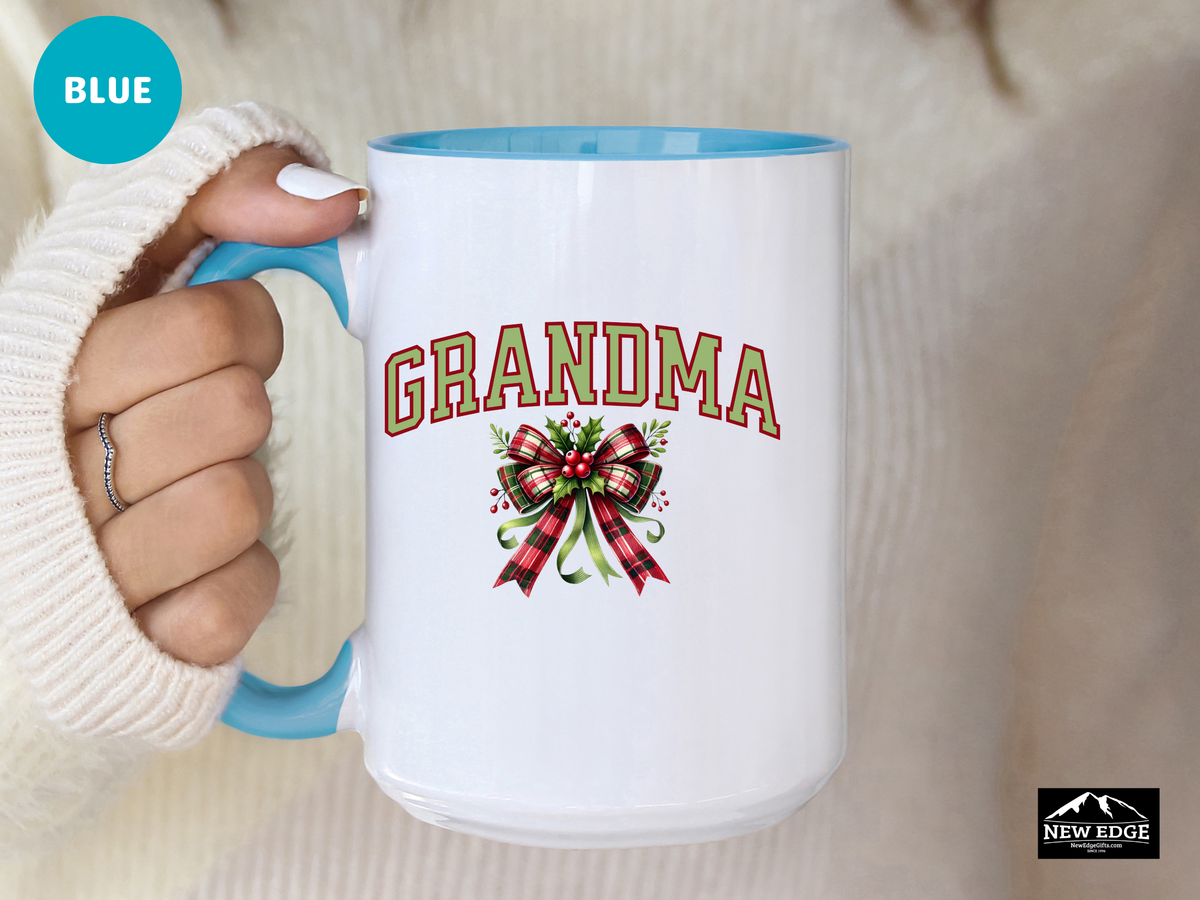 Grandma Letters Christmas Coffee Mug with Coquette Bow and Mistletoe – 11oz & 15oz Accent Mug – Cute Holiday Gift for Grandma