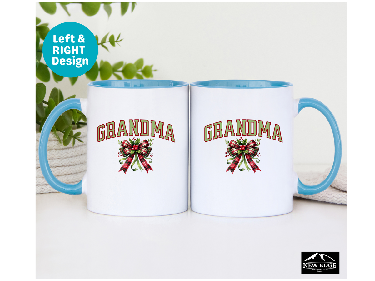 Grandma Letters Christmas Coffee Mug with Coquette Bow and Mistletoe – 11oz & 15oz Accent Mug – Cute Holiday Gift for Grandma