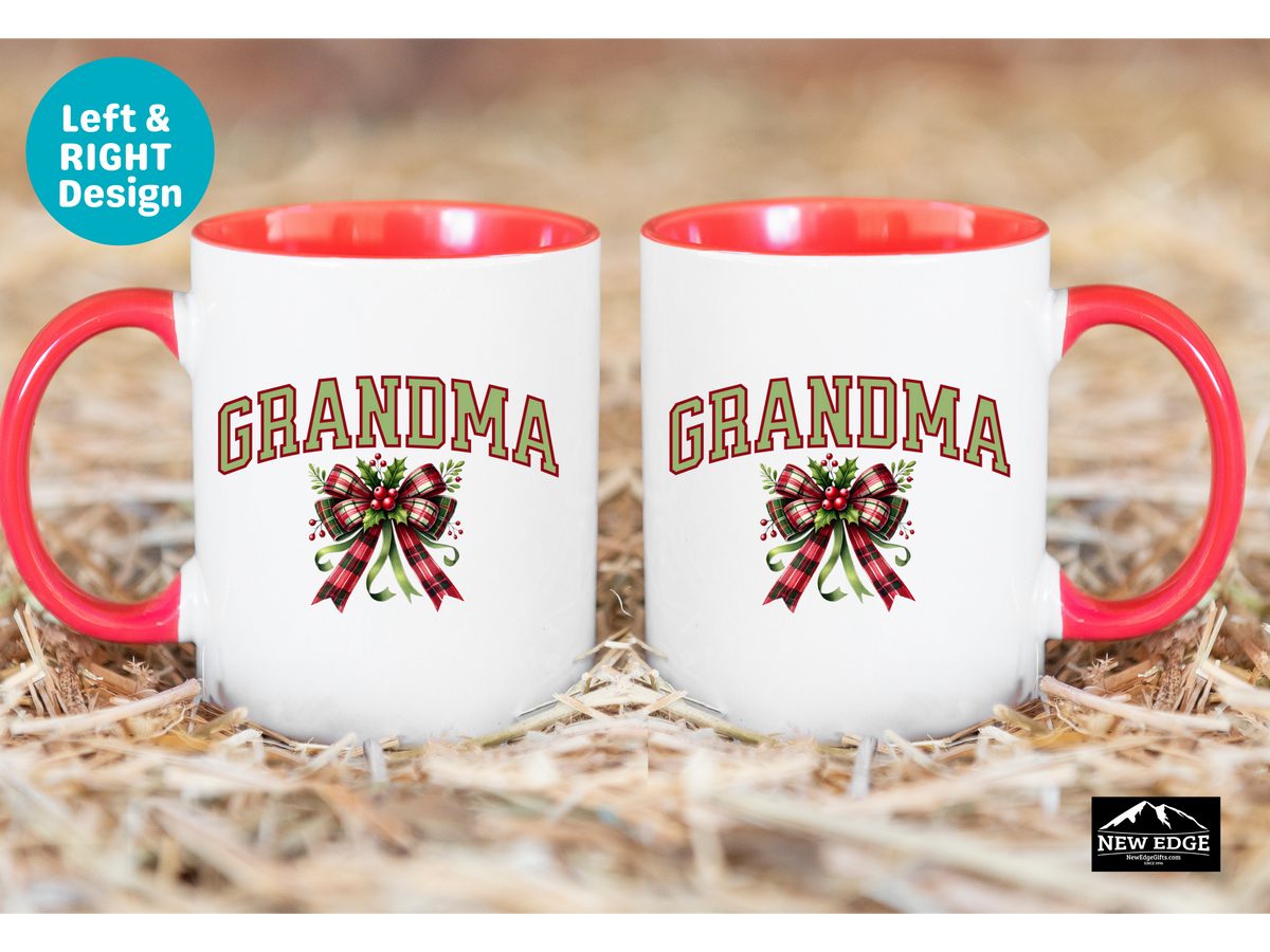 Grandma Letters Christmas Coffee Mug with Coquette Bow and Mistletoe – 11oz & 15oz Accent Mug – Cute Holiday Gift for Grandma