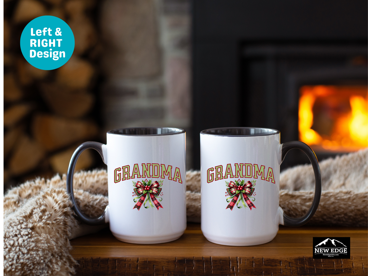 Grandma Letters Christmas Coffee Mug with Coquette Bow and Mistletoe – 11oz & 15oz Accent Mug – Cute Holiday Gift for Grandma