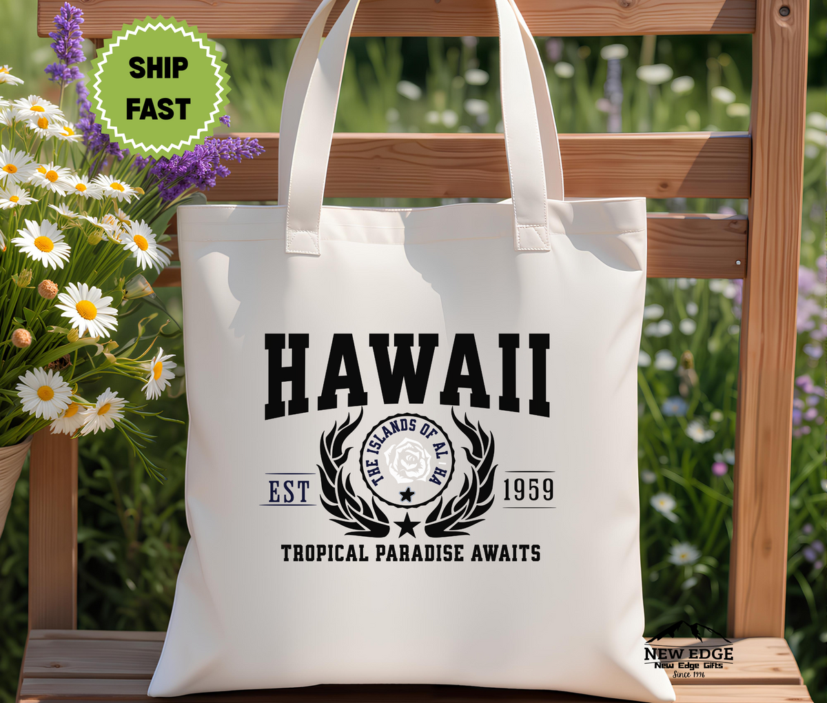 Hawaii State Cotton Canvas Tote Bag, “Tropical Paradise Awaits”, USA State Souvenir, Eco Travel Tote, Hawaii Gift Bag