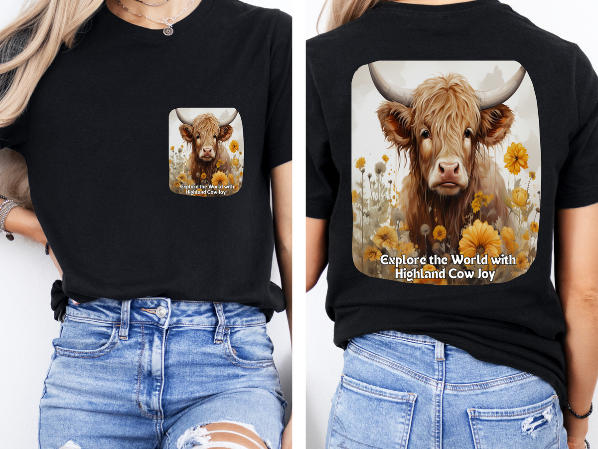 Highland Cow Sunflower T-Shirt – 'Explore the World with Highland Cow Joy' – Front & Back Design – Whimsical Bovine Lover Tee