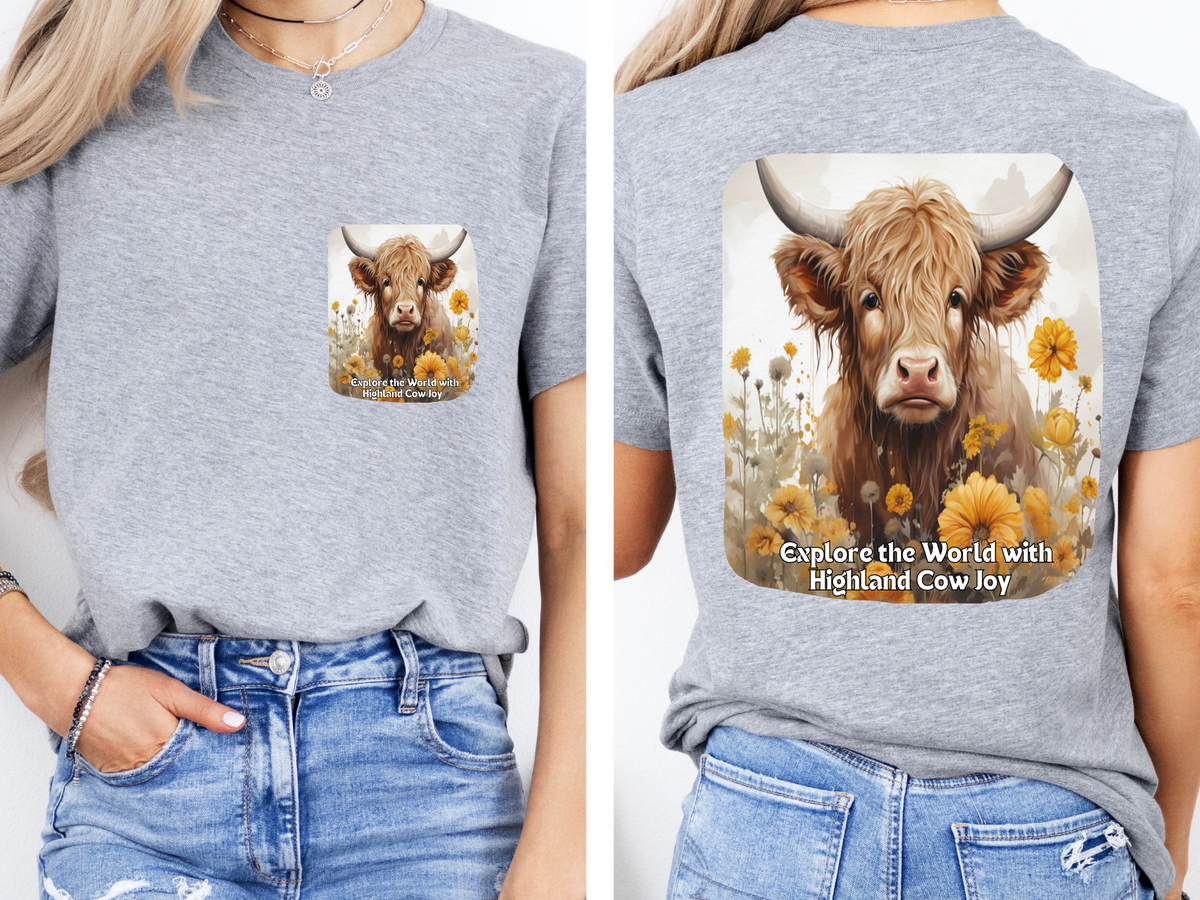 Highland Cow Sunflower T-Shirt – 'Explore the World with Highland Cow Joy' – Front & Back Design – Whimsical Bovine Lover Tee