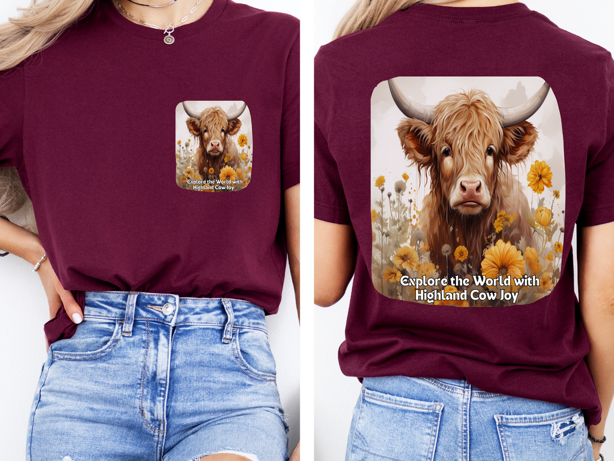 Highland Cow Sunflower T-Shirt – 'Explore the World with Highland Cow Joy' – Front & Back Design – Whimsical Bovine Lover Tee