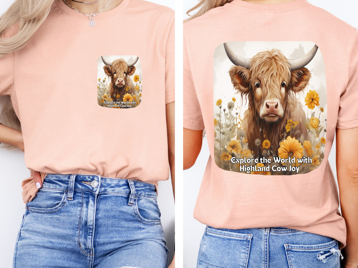 Highland Cow Sunflower T-Shirt – 'Explore the World with Highland Cow Joy' – Front & Back Design – Whimsical Bovine Lover Tee