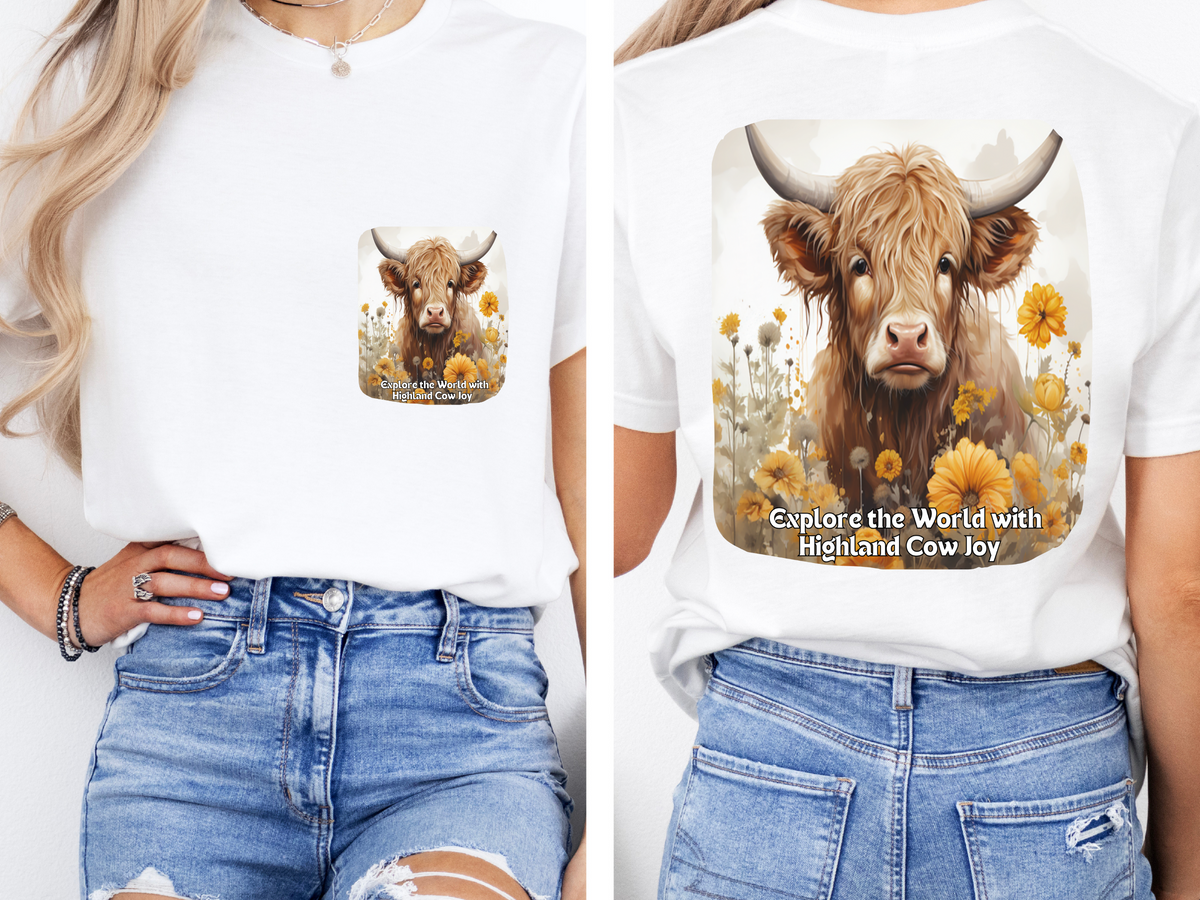 Highland Cow Sunflower T-Shirt – 'Explore the World with Highland Cow Joy' – Front & Back Design – Whimsical Bovine Lover Tee