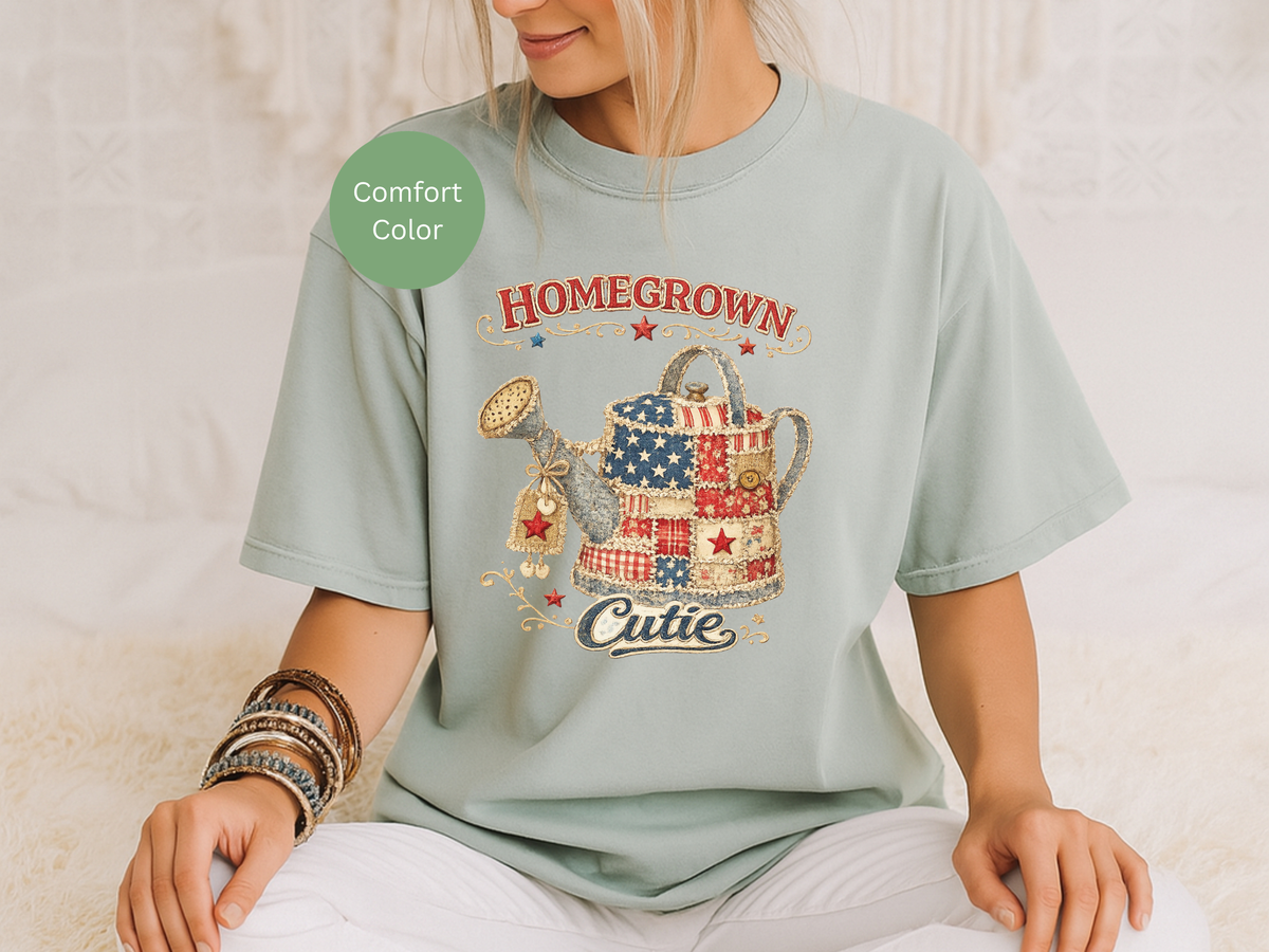 Homegrown Cutie T-Shirt — Patriotic Watering Can Garden Tee