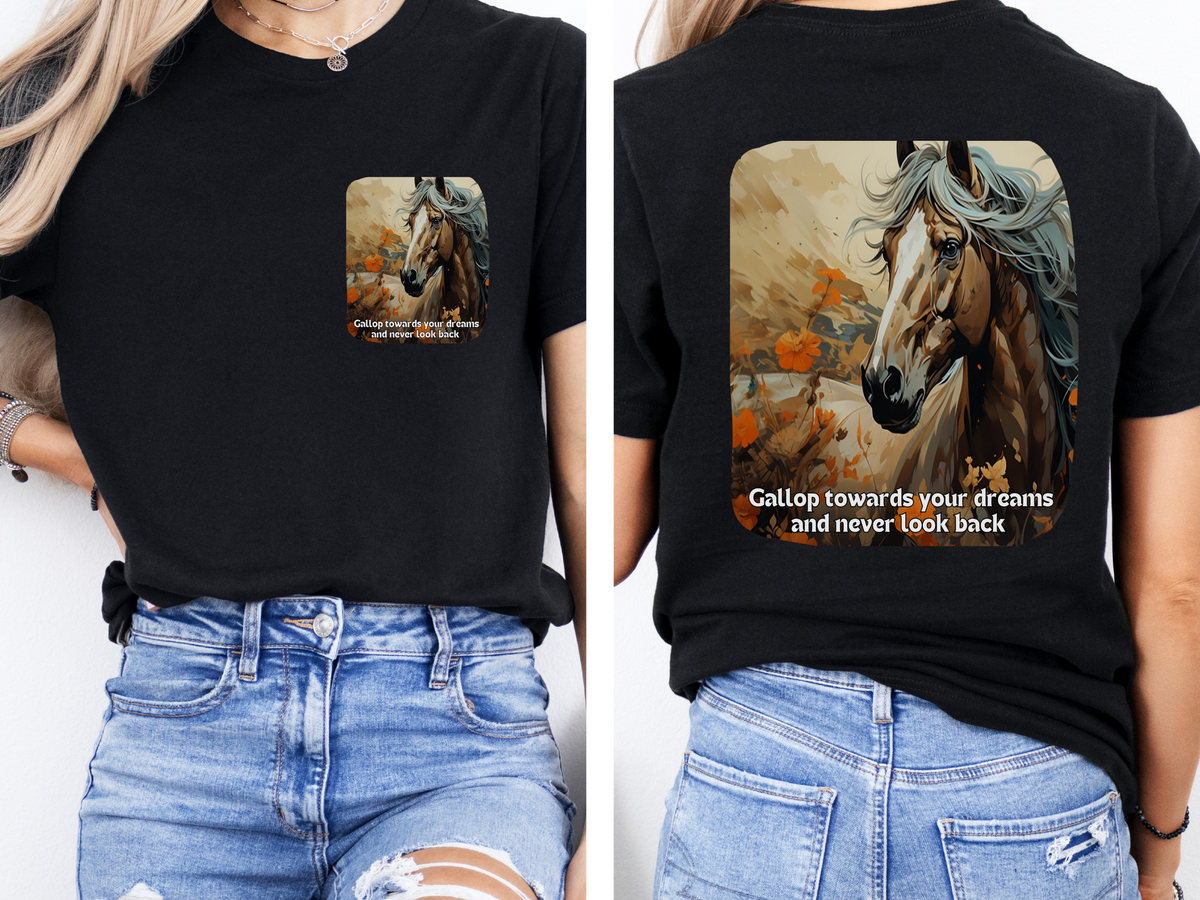 Sunflower Horse T-Shirt – 'Gallop Towards Your Dreams' – Front & Back Design – Equestrian Dreamer Tee