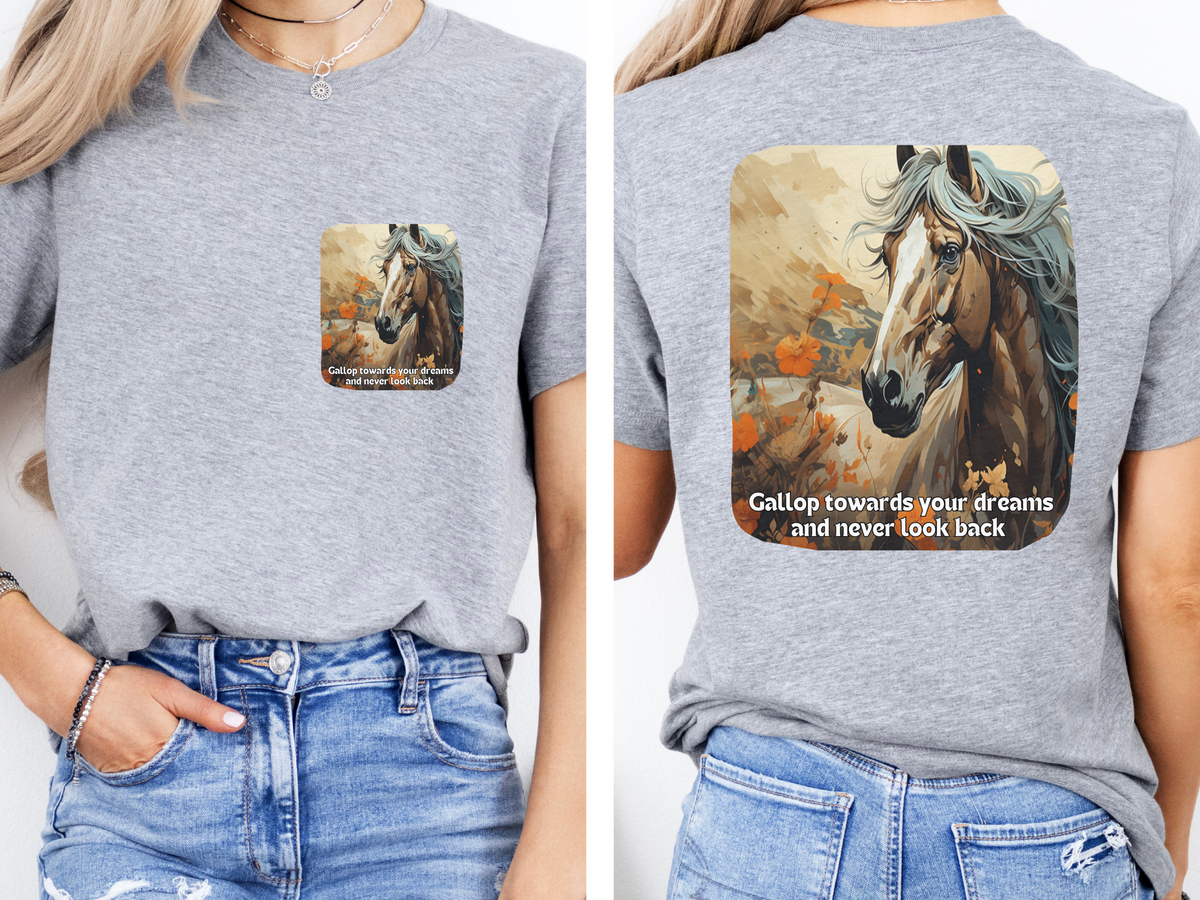 Sunflower Horse T-Shirt – 'Gallop Towards Your Dreams' – Front & Back Design – Equestrian Dreamer Tee