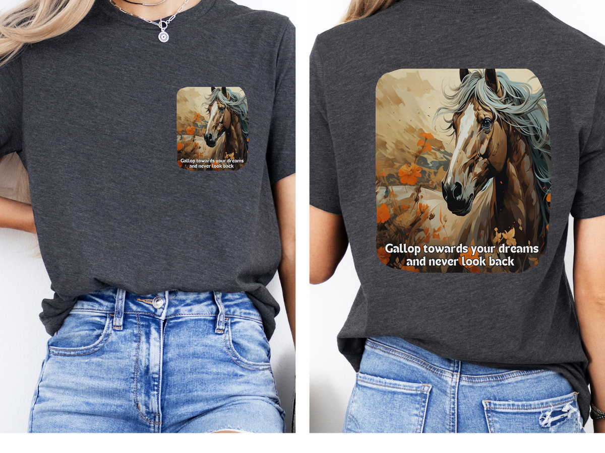 Sunflower Horse T-Shirt – 'Gallop Towards Your Dreams' – Front & Back Design – Equestrian Dreamer Tee
