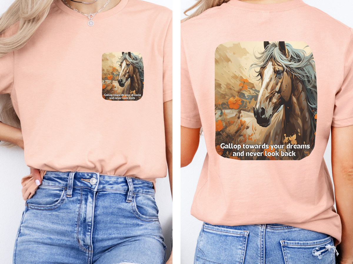 Sunflower Horse T-Shirt – 'Gallop Towards Your Dreams' – Front & Back Design – Equestrian Dreamer Tee